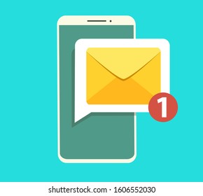 Notification of unread emails. New message on the smartphone screen. Vector illustration in flat style.