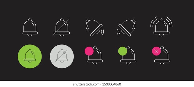 Notification vector icons of bell. Alarm alert message bells, reminder application and smartphone notifications bell. Icons isolated vector set