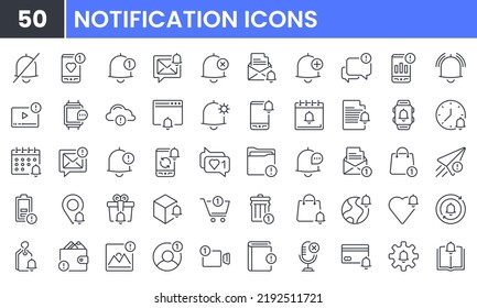 Notification vector line icon set. Contains linear outline icons like Bell, Message, Notice, Alert, Alarm, Calendar, Ring, Phone, Mute, Event. Editable use and stroke.