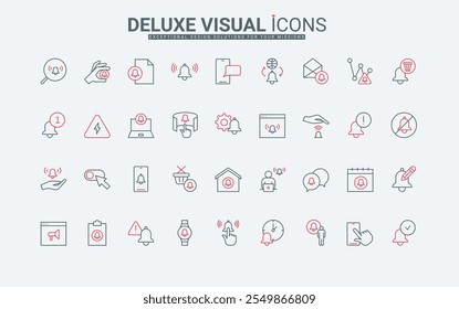 Notification and warning, new messages of mobile apps line icon set. Ring reminder bell on calendar and smartwatch, attention to application thin black and red outline symbols vector illustration