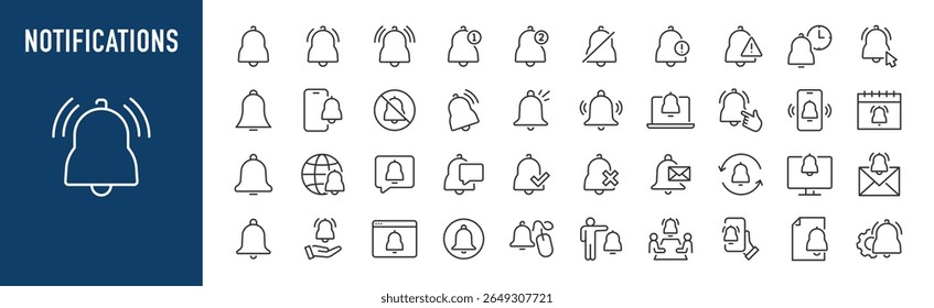 Web-Symbole für Benachrichtigungen im Linienstil. Nachricht, Ton, Klingel, online, Geräte, Chat, Social, Benachrichtigung, Erinnerung. Vektorgrafik.	