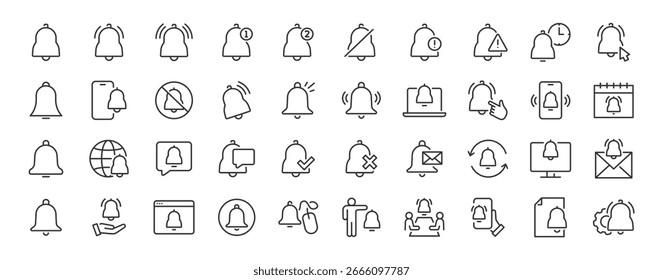Iconos web de notificación en estilo de línea. Mensaje, sonido, campana, en línea, dispositivos, chat, redes sociales, notificación, recordatorio. Ilustración vectorial.	