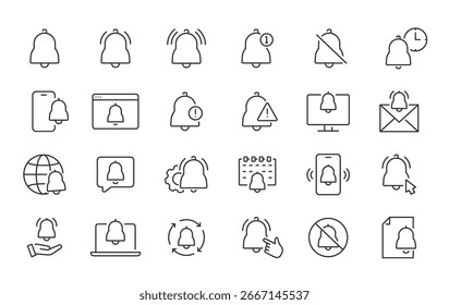 Web-Symbole für Benachrichtigungen im Linienstil. Nachricht, Ton, Klingel, online, Geräte, Chat, Social, Benachrichtigung, Erinnerung. Vektorgrafik.