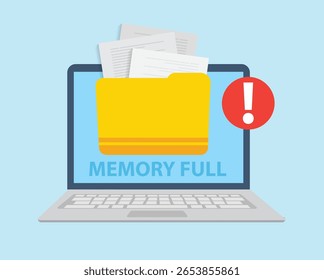 Notificação quando a memória estiver cheia. A pasta está cheia no laptop. Limpando a memória ou o armazenamento do computador
