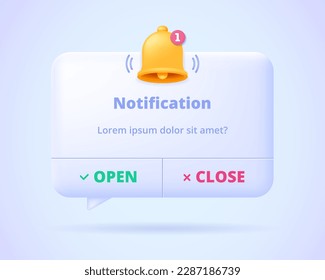 Notification window, reminder form, push up message. Three dimensional design concept for landing page. 3d vector illustration for website, banner, hero image.