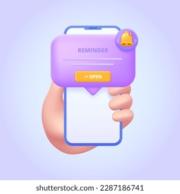 Notification window, reminder form, push up message. Three dimensional design concept for landing page. 3d vector illustration for website, banner, hero image.