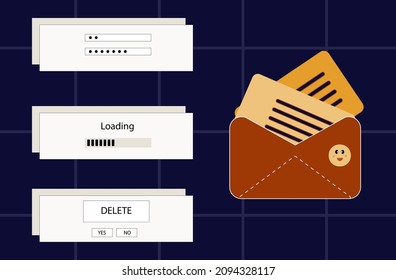 Notification window retro. Pop up on the computer desktop. An open envelope with a letter. A document has been sent with a funny smile, hipster. Browser interface with popup modal windows. Vector 