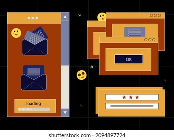Notification window retro. Pop up on the computer desktop. An open envelope with a letter. A document has been sent with a smile, hipster. Browser interface with popup modal. Vector 