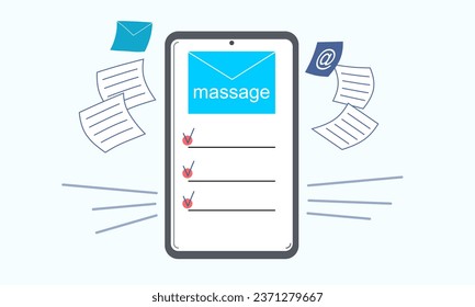 Notifications about messages on the smartphone layout. New emails are being sent out. Incoming, open messages. Chat, mail, message, letter symbol, sign, emblem with a new notification for recording on
