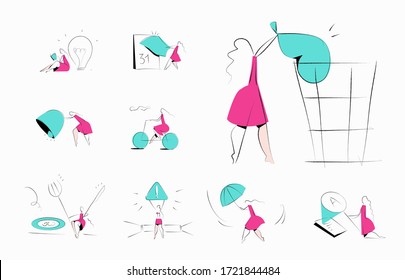 Notifications, calendar, danger allert, error, documents, weather forecast - vector illustrations on a white background. Product categories set. Woman in pink dress. Activities. Empty states scenes.