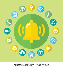 Notifications call icons set with bell and different elements. Modern vector illustration, flat design