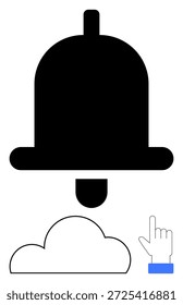 Notificaciones, almacenamiento en la nube, alertas en línea, Actualizar de tecnología, interacción con el usuario, accesibilidad. Icono de campana negra sobre una nube y cursor de mano. Notificaciones y conceptos de almacenamiento en la nube
