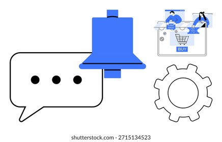 Notifications, e-commerce, digital communication, app features, user interface, system settings. Chat bubble, bell shopping cart gear and user illustrations. Notifications and e-commerce concept