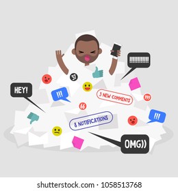 Notifications flow. Black millennial character calling for help in a pile of notifications. Flat editable vector illustration, clip art