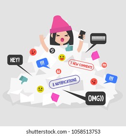 Notifications flow. Female millennial character calling for help in a pile of notifications. Flat editable vector illustration, clip art