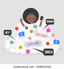 Notifications flow. Female millennial character calling for help in a pile of notifications. Flat editable vector illustration, clip art