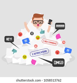Notifications flow. Millennial character calling for help in a pile of notifications. Flat editable vector illustration, clip art