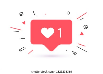 Notifications icon Like, speech bubble. Like icon with heart, one like and shadow for social network on red background. Speech bubble, poster and sticker concept for banner, web. Vector Illustration