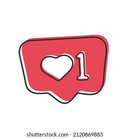 Notifications icon Like, speech bubble. Like icon with heart, one like for social network on red background. Speech bubble, poster and sticker concept for banner, web. Vector Illustration eps 10