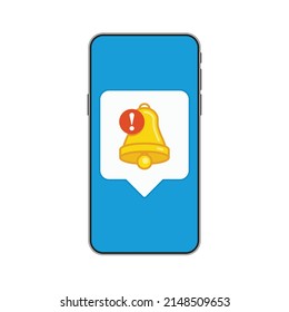 Notifications icon on screen of smart phone. Mobile Phone and push notifications sign. Smartphone with speech bubble and bell with exclamation point. Vector illustration in flat style. EPS 10.