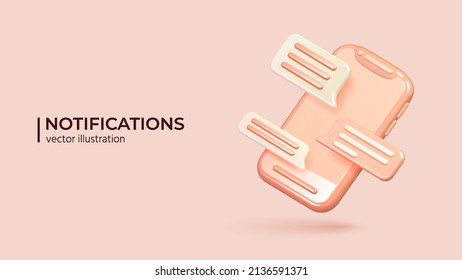 Notifications icon Pink Smartphone with speech bubbles Icons. Pink Icon in trendy color. Realistic 3d object. Realistic creative conceptual symbol of notifications. Vector illustration