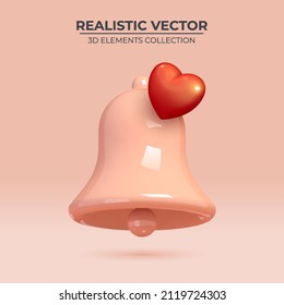 Notifications icon with Red Hearts. Pink bell Icon with red heart. Realistic 3d object. Realistic creative conceptual symbol of notifications. Vector illustration