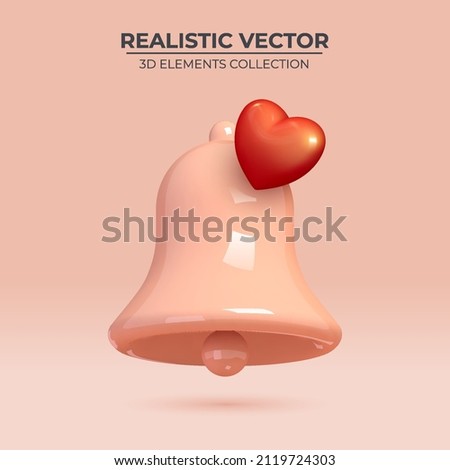 Notifications icon with Red Hearts. Pink bell Icon with red heart. Realistic 3d object. Realistic creative conceptual symbol of notifications. Vector illustration