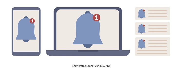 Notifications icon set. Chat messages notification in smartphone app and laptop screen. Ring bell as reminder pop up. Vector flat illustration