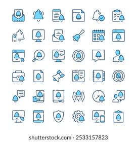 Notifications icons. Outline symbols. Vector blue line icons set