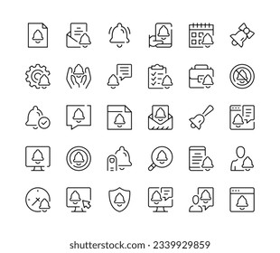 Notifications icons. Vector line icons set. Bell concepts. Black outline stroke symbols