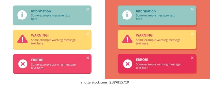 Notifications notice ui interface windows error warning information pop up text elements vector graphic modern set, yellow red blue push messages reminders popup alert web software mockup template 
