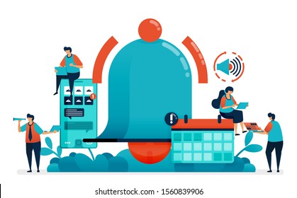 Notifications on calendar schedule for alarm. Friendly reminder for software. Notification message for mobile apps. Ring bell logo and symbol. Vector illustration of website banner, software, poster