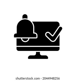 Notifications on computer glyph icon. Vector fill black illustration.
