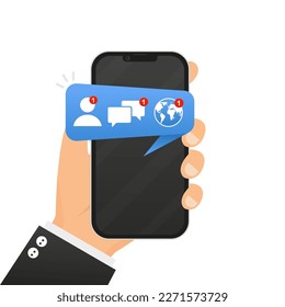 Notifications on the phone screen. New message, missed call, . Notifications for mobile apps and websites. Mobile notification, mail application. Vector illustration