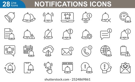 Conjunto de iconos de esquema de notificaciones. Mensaje, campana, correo electrónico, llamada perdida, alerta, Actualizar, batería baja, evento de calendario, solicitud y más. ilustrador de Vector.