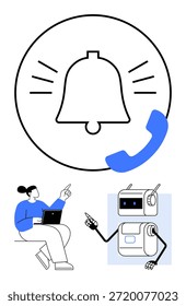 Notificaciones, recordatorios, comunicación de IA, asistencia digital, automatización, eficiencia del flujo de trabajo. Icono de campana negra y señal de llamada, humano con asistente robótico portátil. Notificaciones e IA