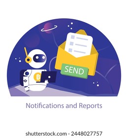 Notifications and Reports concept. A crypto trading bot is represented actively sending updates and comprehensive reports, ensuring traders stay informed on their digital investments.