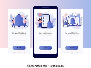 Notifications. Ring bell as reminder pop up. Tiny people get chat messages notification on smartphone. Screen template for mobile, smartphone app. Modern flat cartoon style. Vector illustration