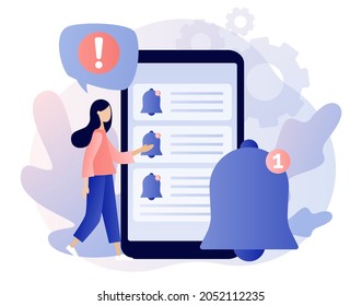 Notifications. Ring bell as reminder pop up. Tiny woman get chat messages notification in smartphone app. Modern flat cartoon style. Vector illustration on white background