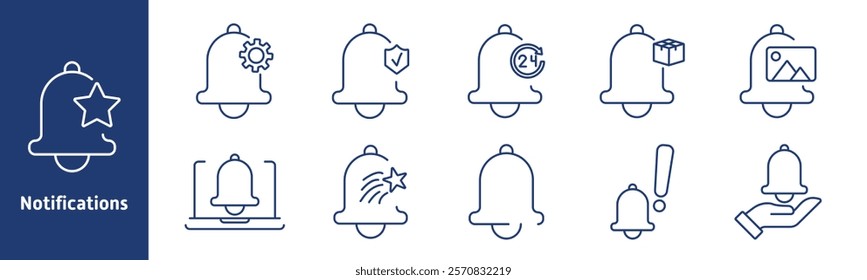 Notifications set icon. Alert bell, settings, security, 24 hour updates, package notification, image alert, star highlight, caution, hand reminder