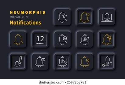 Notifications set icon. Alert, bell, reminder, updates, security, priority messages, new content, system notification, customization, accessibility.