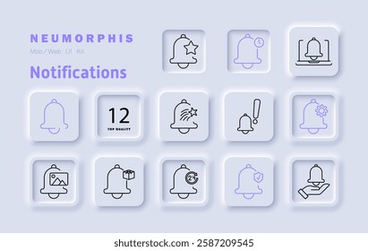 Notifications set icon. Alert, bell, reminder, updates, system message, warning, security, automation, priority, subscription, settings, schedule, notification preferences, alerts