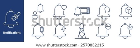 Notifications set icon. Alert, bell, reminder, warning, announcement, message, baby pacifier, heart, microwave, person, box, smartwatch, electricity, tower, cancel, fire, signal, system alert