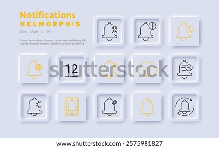 Notifications set icon. Alert bell, reminder, schedule, system updates, mobile alerts, app notifications, important messages, cloud sync, time management