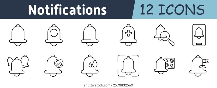 Notifications set icon. Alert, cycle, completed, health update, search alert, mobile notification, cluster, verified, water drop, focus alert, reminder, system flagging