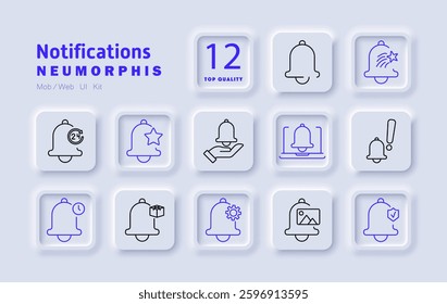 Notifications set icon. Alert system, reminder function, digital updates, security notifications, system messages, mobile alerts, priority settings, delivery tracking, event reminder, urgent warning