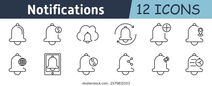 Notifications set icon. Basic alerts, financial reminders, cloud notifications, refresh, new alert, location-based, globe, mobile, yin-yang updates, sharing, megaphone, schedules