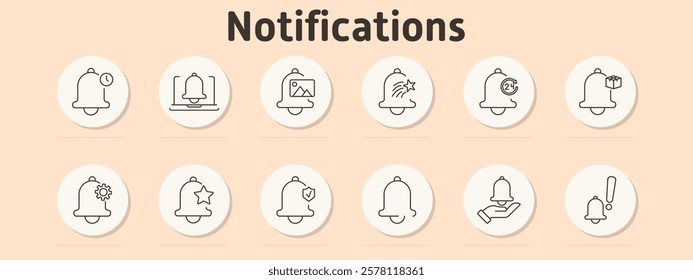 Notifications set icon. Bell, alarm clock, laptop notification, image alert, sparkle alert, 24-hour reminder, gift notification, gear, favorite alert, shield notification, hand with bell, warning