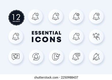 Icono de conjunto de notificaciones. Campana, anillo, timbre, entrada, apagado, marcha, cruz, ick, información, sonido, mensaje, pulsera inteligente, mano, tachado. Concepto de comunicación. Neomorfismo. Icono de línea de vector