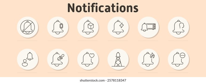 Notifications set icon. Disabled bell, battery, package, energy, TV notification, profile, user alert, pacifier, heart, antenna, fire alert